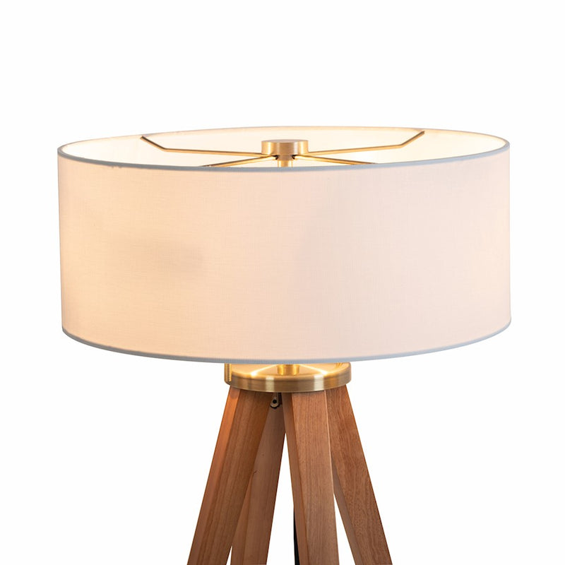 Nova California Quattro 16in 1-Light Table Lamp | Mid-Century Modern Natural Ash Wood and Weathered Brass White Linen | Living Room & | Model 10859LW