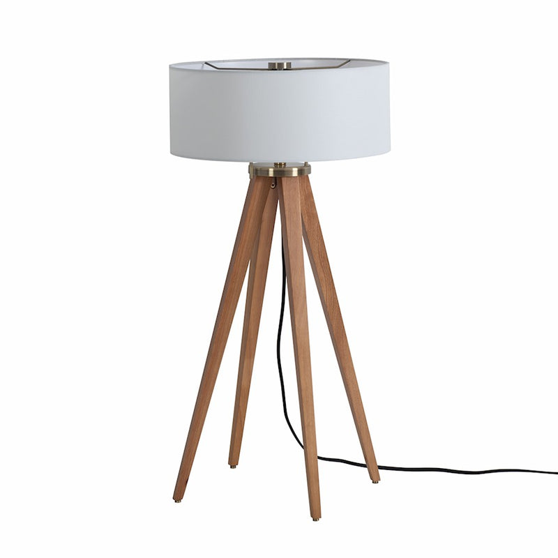 Nova California Quattro 16in 1-Light Table Lamp | Mid-Century Modern Natural Ash Wood and Weathered Brass White Linen | Living Room & | Model 10859LW
