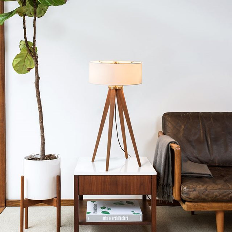 Nova California Quattro 16in 1-Light Table Lamp | Mid-Century Modern Natural Ash Wood and Weathered Brass White Linen | Living Room & | Model 10859LW