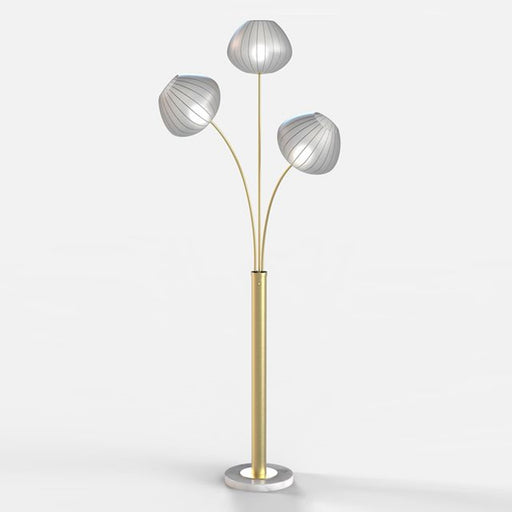 Nova California Bloom 72in 3-Light Arc Floor Lamp | Mid-Century Weathered Brass and White Satin Fabric | Living Room & Lounge | Model 2010799WB
