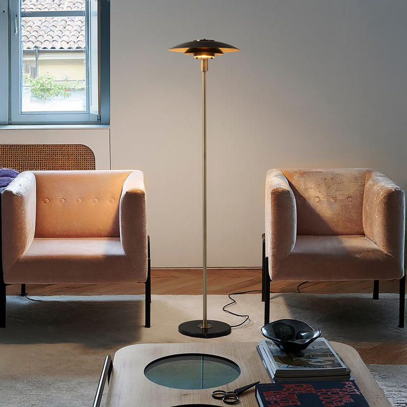 Nova California Rancho Mirage 61in Floor Lamp | Mid-Century Modern Weathered Brass and Matte Black Steel with Gold-Leaf Shade | Model 2010824WB