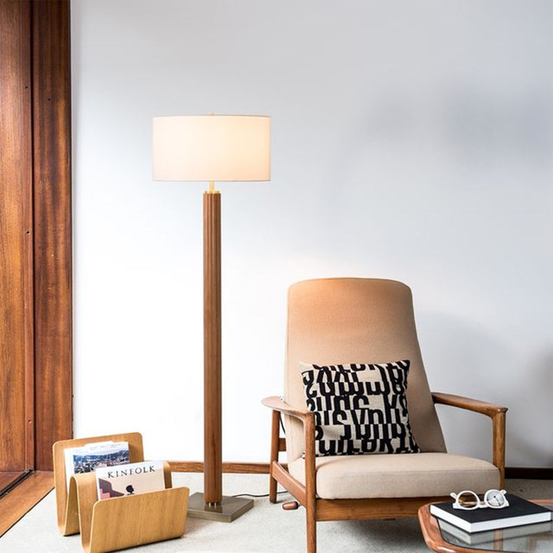 Nova California Tambo 62in 1-Light Floor Lamp | Mid-Century Modern Natural Ash Wood and Weathered Brass with White Linen Shade | Model 2010832LW