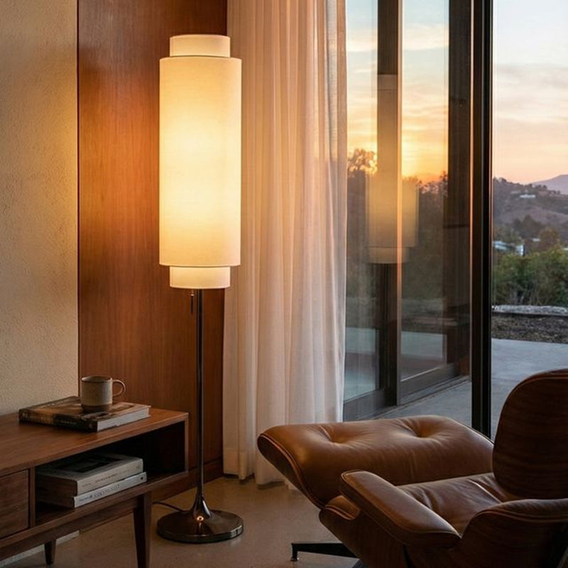 Nova California Lollipop 12in 1-Light Floor Lamp | Mid-Century Black Nickel Steel with White Linen Shade | Living Room & Bedroom | Model 2011804BN
