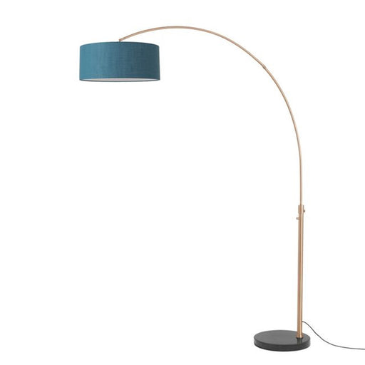 Nova California Float 92in 1-Light Arc Lamp | Industrial Weathered Brass and Pool Blue Linen Shade | Living Room & Bedroom | Model 2110818BL