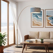 Nova California Float 92in 1-Light Arc Lamp | Industrial Weathered Brass and Pool Blue Linen Shade | Living Room & Bedroom | Model 2110818BL