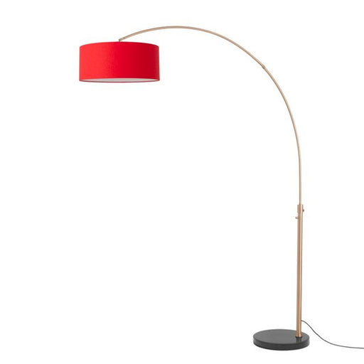 Nova California Float 92in 1-Light Arc Lamp | Industrial Weathered Brass and Crimson Red Linen Shade | Living Room & Bedroom | Model 2110818CR
