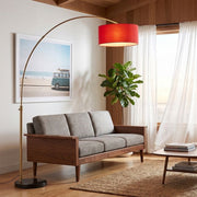 Nova California Float 92in 1-Light Arc Lamp | Industrial Weathered Brass and Crimson Red Linen Shade | Living Room & Bedroom | Model 2110818CR