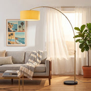 Nova California Float 92in 1-Light Arc Lamp | Modern Weathered Brass and Mustard Linen Shade | Living Room & Bedroom | 1500 Lumens | Model 2110818MU