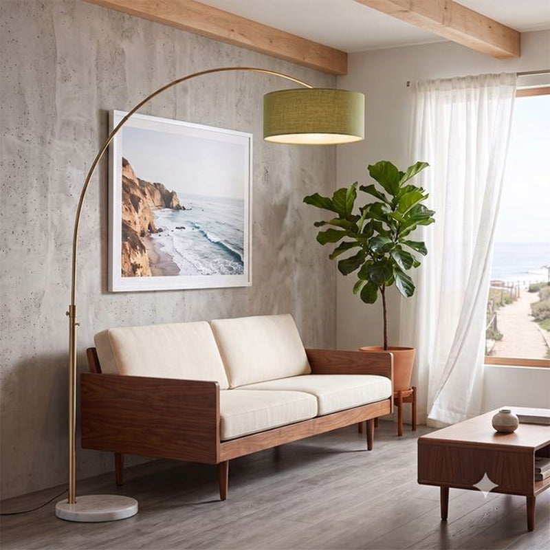Nova California Float 92in 1-Light Arc Lamp | Industrial Weathered Brass and Avocado Linen | Living Room & Reading | 68 x 18 x 92 in | Model 2110821AV