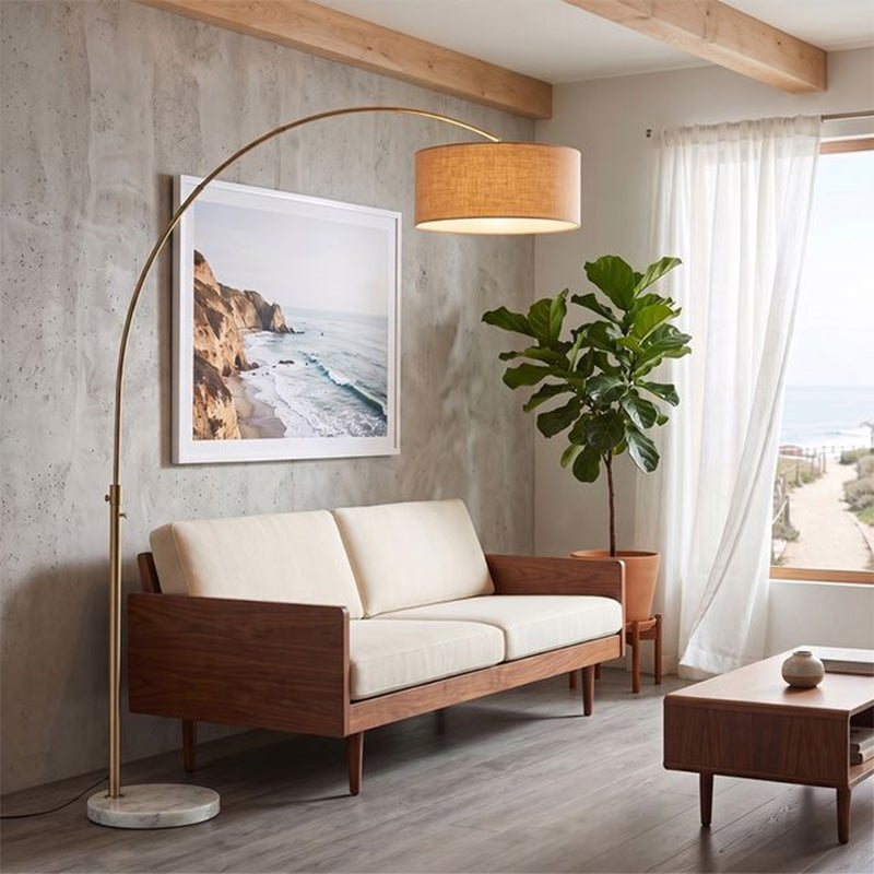 Nova California Float 92in 1-Light Arc Lamp | Industrial Weathered Brass and Burlap Linen | Living Room & Reading | 68 x 18 x 92 in | Model 2110821BU