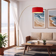 Nova California Float 92in 1-Light Arc Lamp | Modern Weathered Brass and Crimson Red Linen Shade | Living Room & Reading | Model 2110821CR