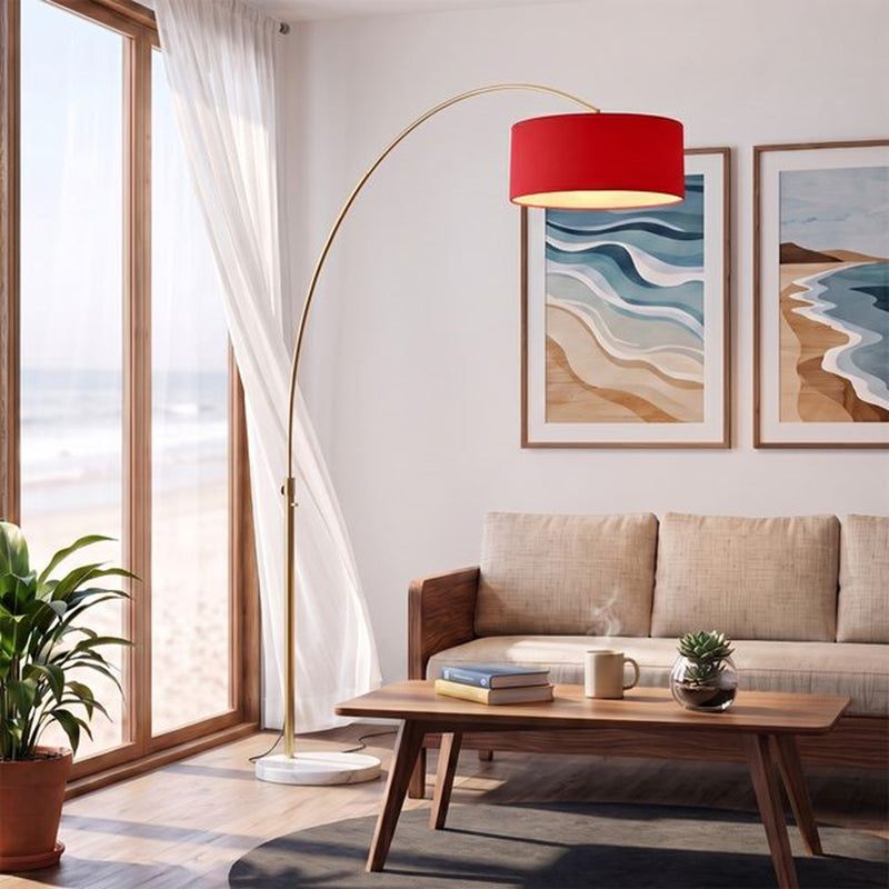 Nova California Float 92in 1-Light Arc Lamp | Modern Weathered Brass and Crimson Red Linen Shade | Living Room & Reading | Model 2110821CR