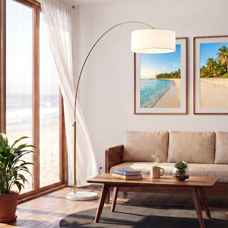 Nova California Float 92in 1-Light Arc Lamp | Modern Weathered Brass and White Linen Shade | Living Room & Reading | 68 x 18 x 92 in | Model 2110821WH