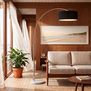 Nova California Float 92in 1-Light Arc Lamp | Modern Satin Nickel and Black Linen Shade | Living Room & Reading Nook | Model 2110822BK