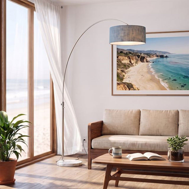 Nova California Float 92in 1-Light Arc Lamp | Satin Nickel and Pool Blue Linen | Living Room & Home Office | 68 x 18 x 92 in | Model 2110822BL