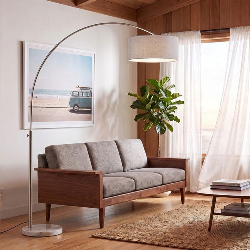 Nova California Float 92in 1-Light Arc Lamp | Modern Satin Nickel and Cashmere Gray Linen Shade | Living Room & Reading Nook | Model 2110822CG