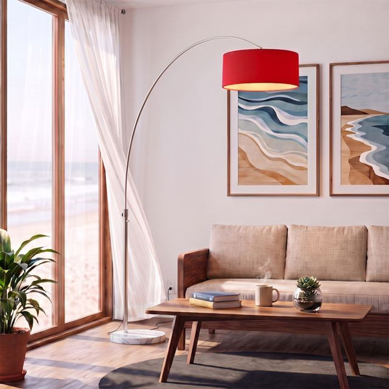 Nova California Float 92in 1-Light Arc Lamp | Modern Satin Nickel and Crimson Red Linen Shade | Living Room & Reading Nook | Model 2110822CR