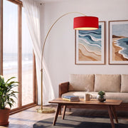Nova California Float 92in 1-Light Arc Lamp | Industrial Weathered Brass and Crimson Red Linen | Living Room & Bedroom | Model 2110824CR