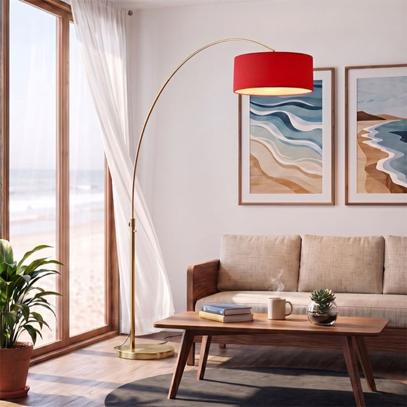 Nova California Float 92in 1-Light Arc Lamp | Industrial Weathered Brass and Crimson Red Linen | Living Room & Bedroom | Model 2110824CR