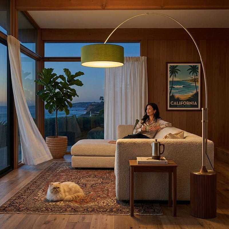 Nova California Tambo 92in 1-Light Arc Lamp | Mid-Century Modern Weathered Brass and Avocado Linen | Living Room & Bedroom | Model 2110832AV