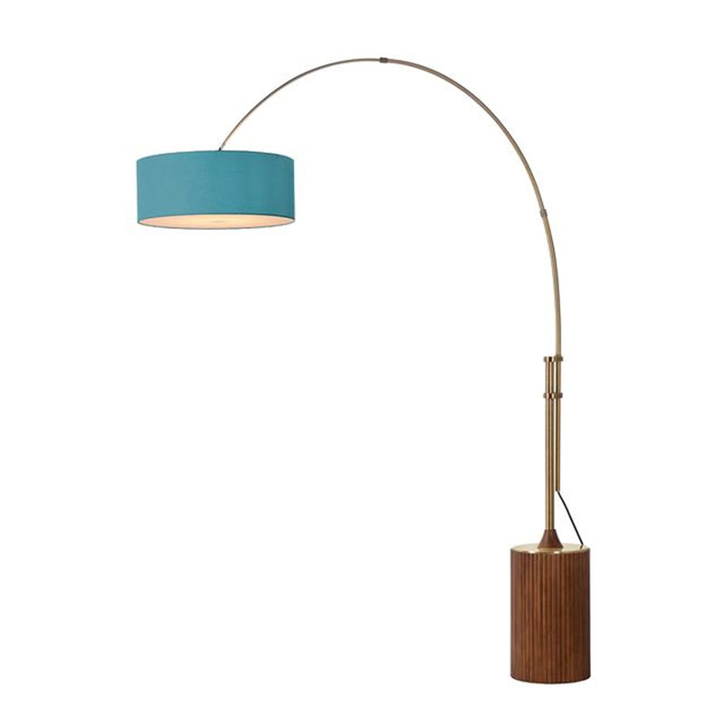Nova California Tambo Stretch 92in 1-Light Arc Lamp | Mid-Century Modern Weathered Brass and Pool Blue Linen Shade | Living Room & | Model 2110832BL