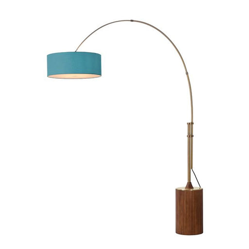 Nova California Tambo Stretch 92in 1-Light Arc Lamp | Mid-Century Modern Weathered Brass and Pool Blue Linen Shade | Living Room & | Model 2110832BL