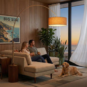 Nova California Tambo 92in 1-Light Arc Lamp | Industrial Weathered Brass and Burlap Linen Shade | Living Room & Bedroom | Model 2110832BU