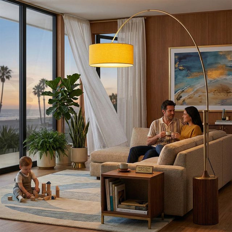 Nova California Tambo 92in 1-Light Arc Lamp | Mid-Century Weathered Brass and Mustard Linen | Living Room & Bedroom | Model 2110832MU
