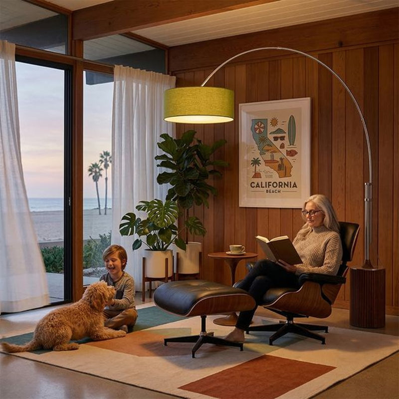 Nova California Tambo 92in 1-Light Arc Floor Lamp | Mid-Century Modern Satin Nickel and Dark Walnut Base with Avocado Linen Shade | Model 2110833AV