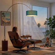 Nova California Tambo Stretch 92in 1-Light Arc Lamp | Mid-Century Modern Satin Nickel and Pool Blue Linen Shade | Living Room & | Model 2110833BL