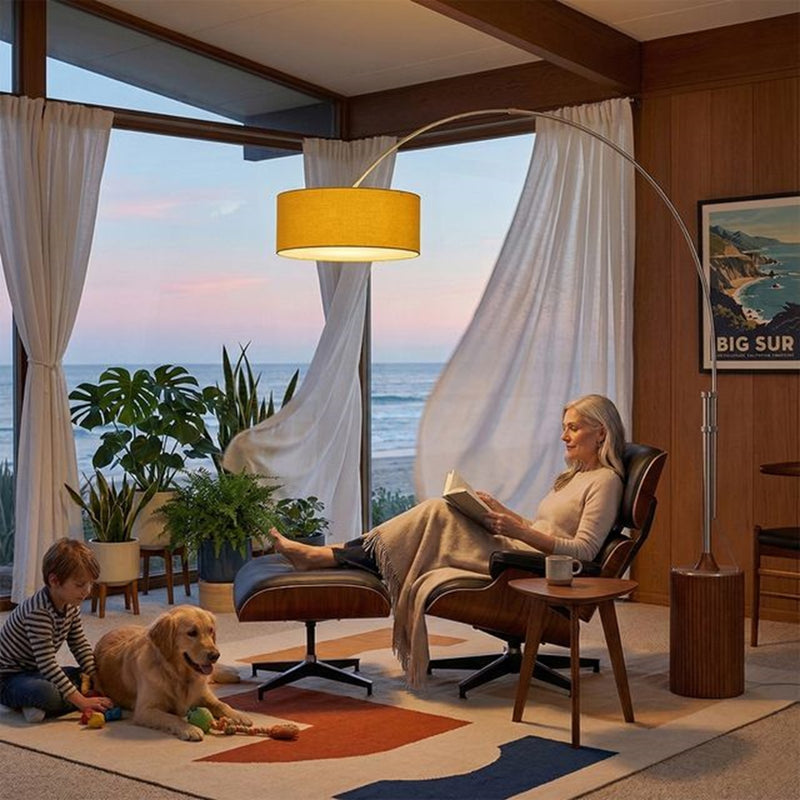 Nova California Tambo 92in 1-Light Arc Lamp | Mid-Century Satin Nickel and Mustard Linen | Living Room & Bedroom | 68 x 18 x 92 in | Model 2110833MU