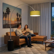 Nova California Tambo 92in 1-Light Arc Floor Lamp | Mid-Century Modern Satin Nickel and Black Oak Base with Avocado Linen Shade | Model 2110834AV