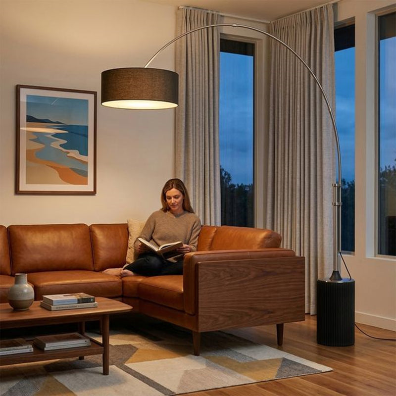 Nova California Tambo 92in 1-Light Arc Lamp | Mid-Century Modern Satin Nickel and Black Linen | Living Room & Bedroom | Model 2110834BK