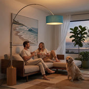 Nova California Tambo 92in 1-Light Arc Lamp | Mid-Century Modern Weathered Brass and Pool Blue Linen | Living Room & Bedroom | Model 2110839BL
