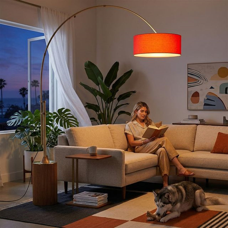 Nova California Tambo 92in 1-Light Arc Lamp | Mid-Century Weathered Brass and Crimson Red Linen | Living Room & Bedroom | Model 2110839CR