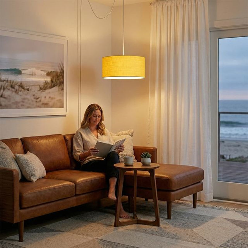 Nova California Stretch 18in 1-Light Swag Lamp | Modern Satin Nickel and Mustard Linen | Living Room & Bedroom | 1500 Lumens | Model 2110840MU