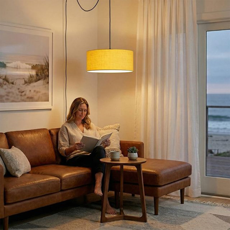 Nova California Stretch Swag Lamp 18in 1-Light Plug-In Pendant | Modern Weathered Brass and Mustard Linen | Living Room & Bedroom | Model 2110841MU