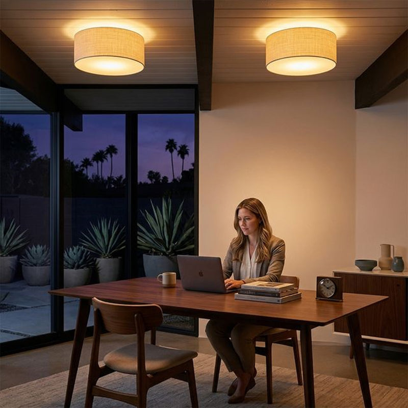 Nova California Stretch 22in 1-Light Flush Mount | Modern Satin Nickel and White Linen | Bedroom & Hallway | 17 x 17 x 3.5 in | Model 2110842WH