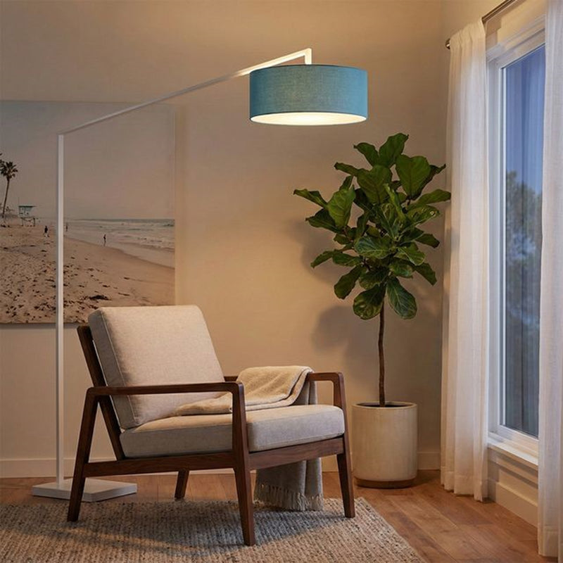Nova California Stretch 87in 1-Light Arc Lamp | Modern White Steel and Pool Blue Linen | Living Room & Reading Nook | 1500 Lumens | Model 2110926BL
