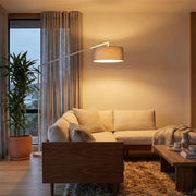 Nova California Stretch 87in 1-Light Arc Lamp | Modern White Steel and Cashmere Gray Linen Shade | Living Room & Bedroom | Model 2110926CG
