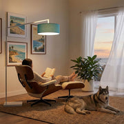 Nova California Stretch 75in 1-Light Chairside Arc Lamp | Modern White Steel and Pool Blue Linen | Living Room & Bedroom | Model 2110927BL