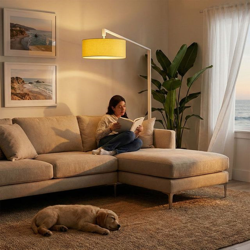 Nova California Stretch 75in 1-Light Arc Lamp | Industrial White and Mustard Linen | Living Room & Bedroom | 72 x 24 x 75 in | Model 2110927MU