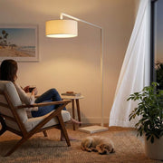 Nova California Stretch 75in 1-Light Chairside Arc Lamp | Modern White Steel and White Linen | Living Room & Bedroom | 1500 Lumens | Model 2110927WH