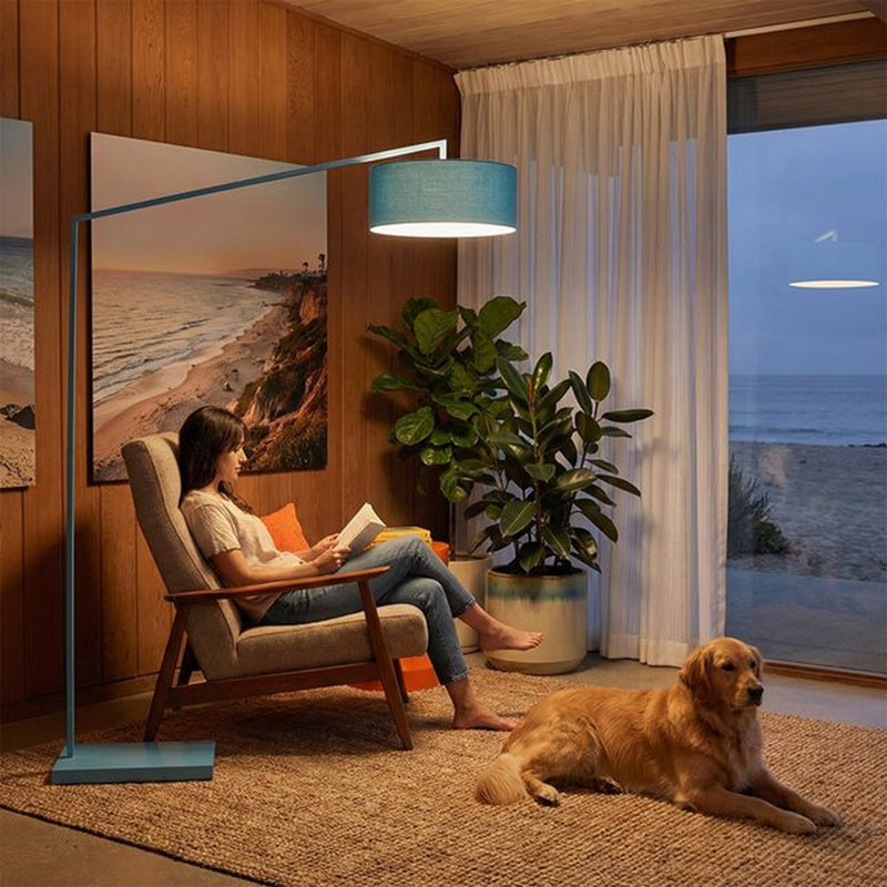 Nova California Stretch 87in 1-Light Arc Lamp | Modern Pool Blue Steel and Pool Blue Linen | Living Room & Bedroom | 1500 Lumens | Model 2110928BL