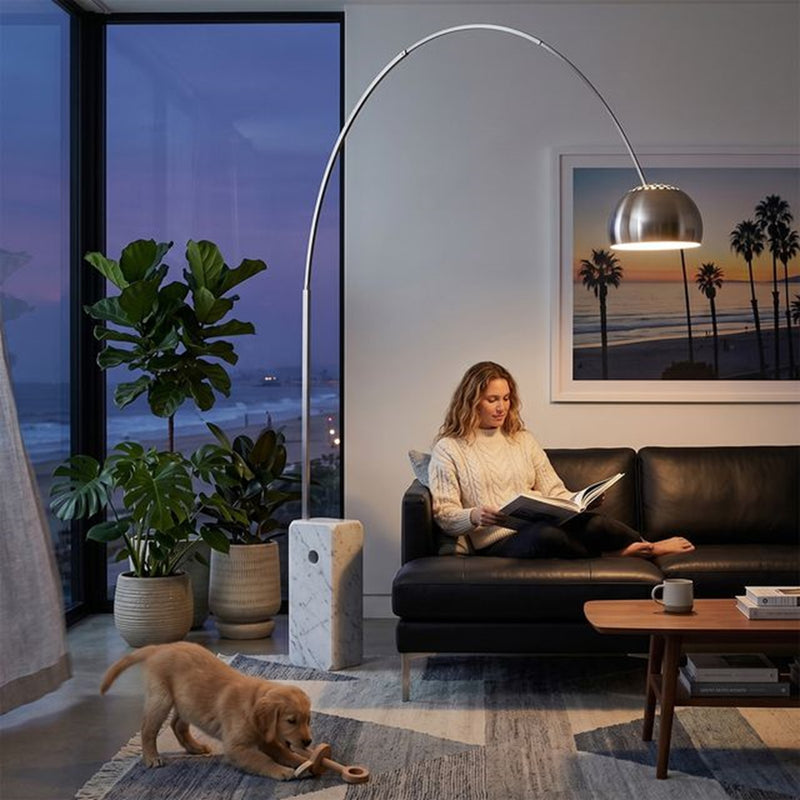 Nova California Iconic 95in 1-Light Arc LED Floor Lamp | Mid-Century Modern Satin Nickel and White Marble Base | Living Room & | Model 2111805SN
