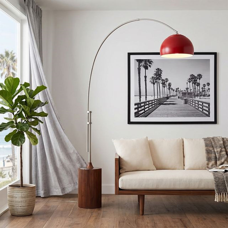 Nova California Tambo 92in 1-Light Arc Lamp | Mid-Century Modern Crimson Red Steel Shade and Satin Nickel Body | Living Room & | Model 2113833CR
