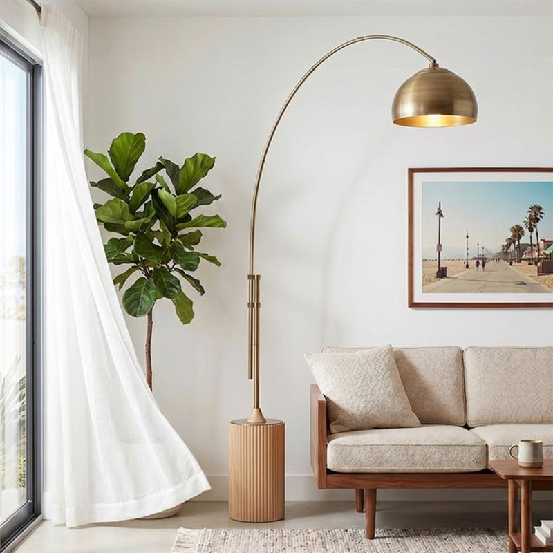 Nova California Tambo Half Dome 92in 1-Light Arc Lamp | Mid-Century Weathered Brass Steel and Natural Ash Wood | Living Room & | Model 2113839WB