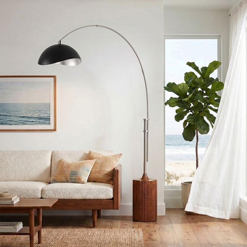 Nova California Tambo Luna Bella 92in 1-Light Arc Lamp | Mid-Century Modern Matte Black/Silver Steel Shade and Satin Nickel Body | Model 2114833MS