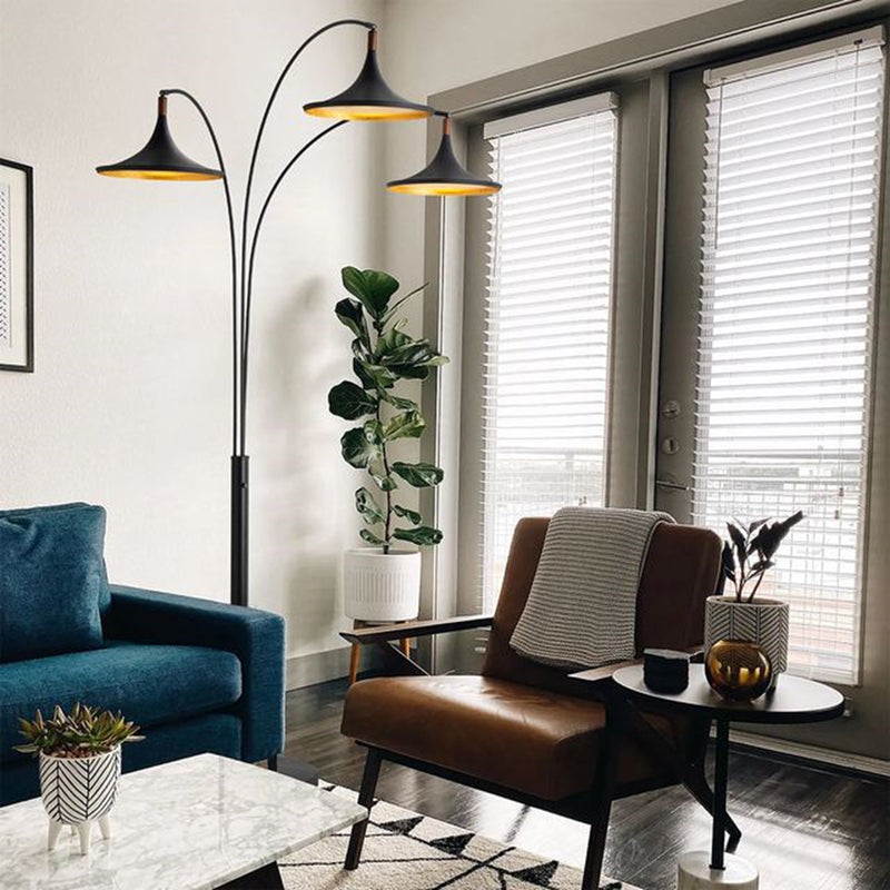 Nova California Lodi 3-Light Arc Floor Lamp | Mid-Century Matte Black and Walnut with Gold Leaf Steel Shades | Living Room & | Model 2310500MB