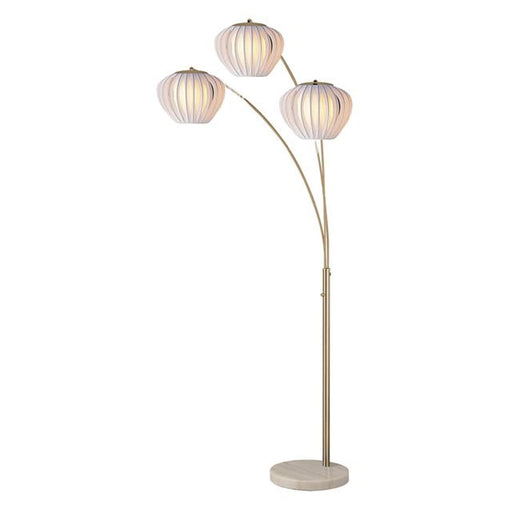 Nova California Bloom 72in 3-Light Arc Floor Lamp | Mid-Century Weathered Brass and White Satin Fabric | Living Room & Reading Nook | Model 2310799WB